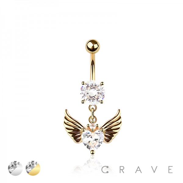 316L SURGICAL STEEL CZ WINGS HEART DANGLE ROUND CZ BELLY BUTTON NAVEL RING 